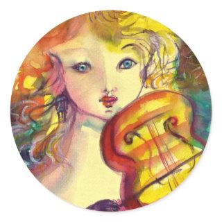 VIOLINIST GIRL ,VIOLIN  AND CAT CLASSIC ROUND STICKER