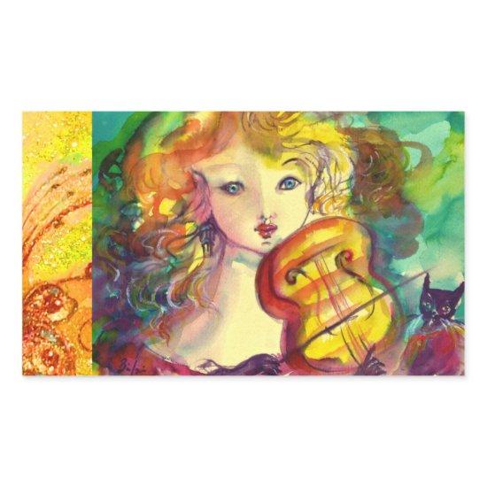VIOLINIST GIRL ,VIOLIN  AND CAT RECTANGULAR STICKER