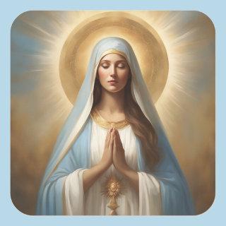 Virgin Mary Power of Prayer Gold Halo Blue Robe Square Sticker
