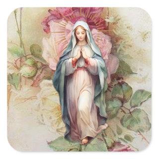 Virgin Mary Vintage Roses Catholic Religious Square Sticker