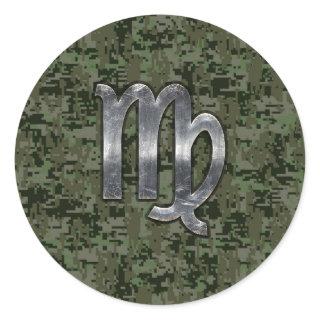 Virgo Zodiac Sign on Green Digital Camo Classic Round Sticker