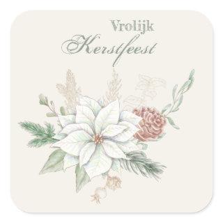 Vrolijk kerstfeest White Poinsettia and Pine Cone Square Sticker