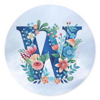 "'W' ornate blue monogram" Classic Round Sticker