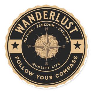 Wanderlust vintage travel logo camp bike hiking classic round sticker