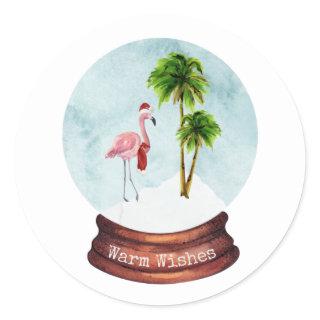 Warm Wishes Flamingo Palm Trees Snow Globe Classic Round Sticker