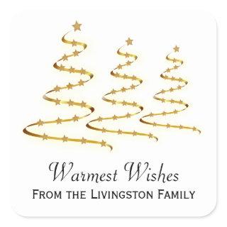 Warmest Wishes Gold Ribbon Christmas Trees Square Sticker