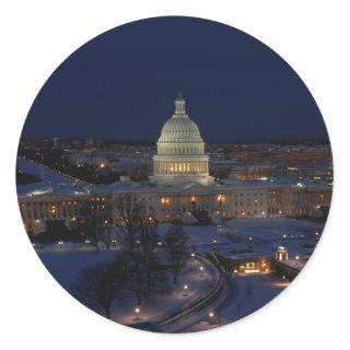 Washington D.C. Capitol Building in Winter Night Classic Round Sticker