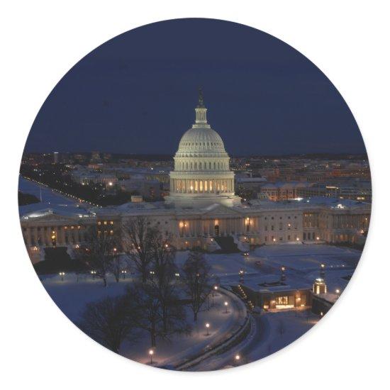 Washington D.C. Capitol Building in Winter Night Classic Round Sticker