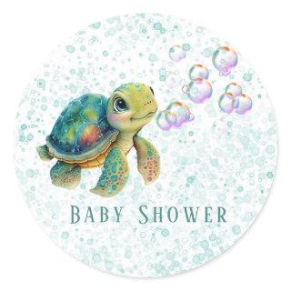Watercolor Adorable Turtle Bubbles Baby Shower Classic Round Sticker