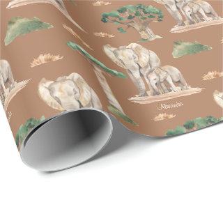 Watercolor African Mommy and Baby Elephant Pattern