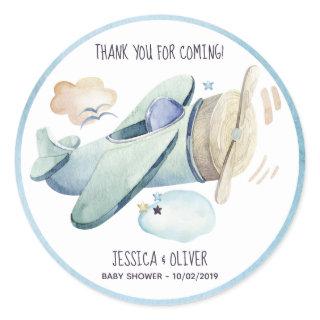 Watercolor Airplane Party in Blue Classic Round Sticker