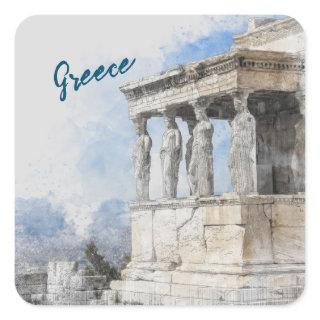 Watercolor Ancient Sites ruins in Athens, Greece Square Sticker