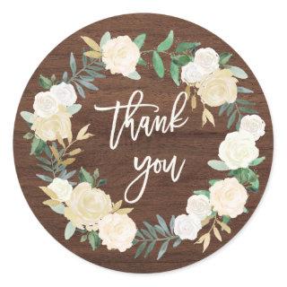 Watercolor and Wood | Rustic Floral Wedding Thanks Classic Round Sticker