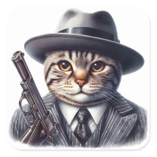 Watercolor Art Cat in Suit Tie Jacket and Hat  Square Sticker