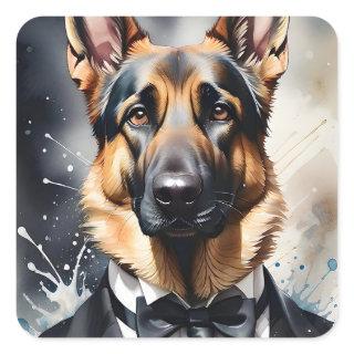 Watercolor Art German Shepherd Tuxedo Black Tie Square Sticker