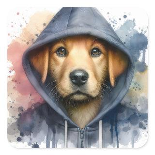 Watercolor Artwork Brown Dog in a Hoodie Splatter Square Sticker