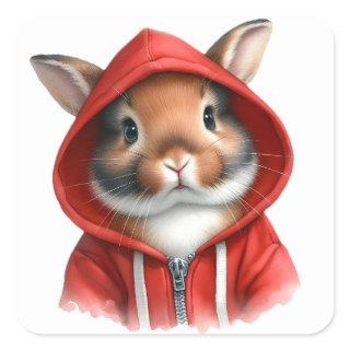 Watercolor Artwork Brown Rabbit in a Red Hoodie  Square Sticker