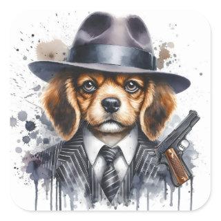 Watercolor Artwork Gangster Dog Suit Tie Splatter Square Sticker