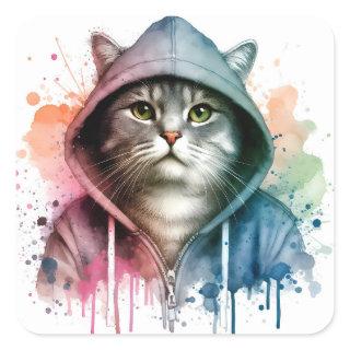 Watercolor Artwork Tabby Cat in a Hoodie Splatter Square Sticker