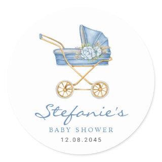 Watercolor Baby Stroller It's a Boy Baby Shower Classic Round Sticker