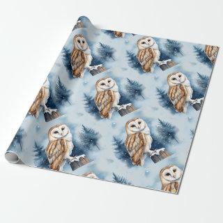 Watercolor Barn Owl Winter Snowflakes