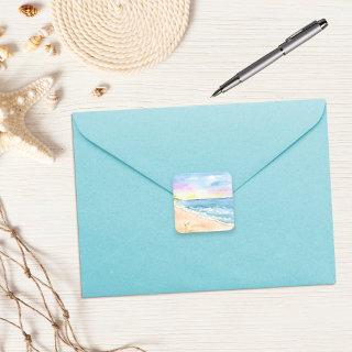Watercolor Beach sunset With Pina Cola Drink Square Sticker