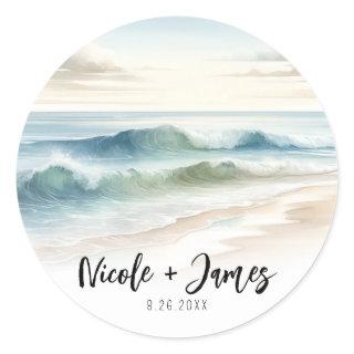 Watercolor Beach Waves Rustic Coastal Wedding Classic Round Sticker