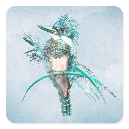Watercolor  Belted Kingfisher Bird  Animal Square  Square Sticker