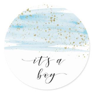 Watercolor Blue and Gold Sparkle It's A Boy Favor Classic Round Sticker