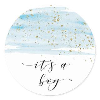 Watercolor Blue and Gold Sparkle It's A Boy Favor Classic Round Sticker