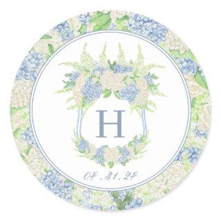 Watercolor Blue and White Hydrangea Crest Classic Round Sticker