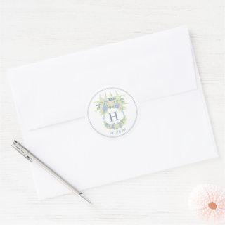Watercolor Blue and White Hydrangea Crest Classic Round Sticker