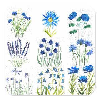 Watercolor Blue Flowers Collection Chic Rustic Square Sticker