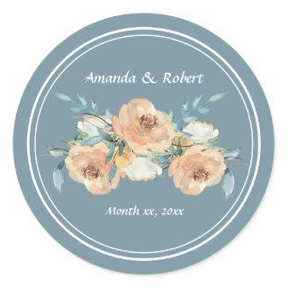 Watercolor Blue, Green, Taupe Floral Wedding Class Classic Round Sticker