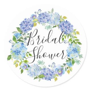 Watercolor Blue Hydrangeas Wreath Bridal Shower Classic Round Sticker