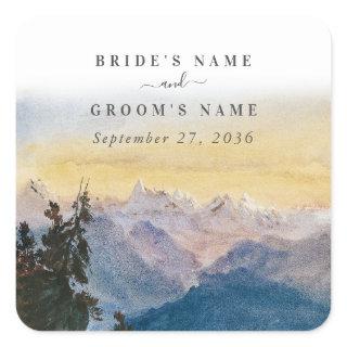 Watercolor Blue Mountains Pine Wedding Square Sticker