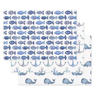 Watercolor blue nautical pattern. Fish, whale  Sheets