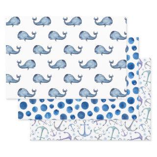Watercolor blue nautical pattern. Whale, polka dot  Sheets