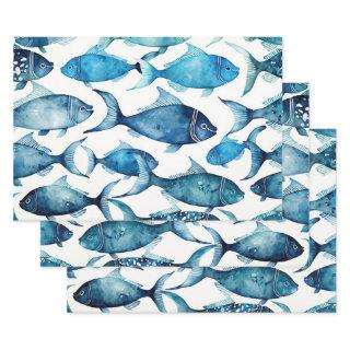 Watercolor blue navy fish pattern. Nautical animal  Sheets
