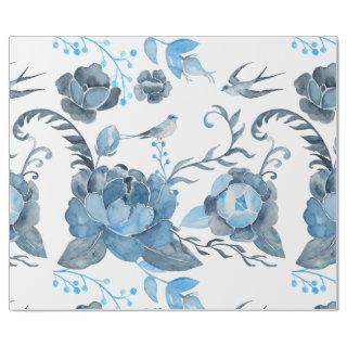 Watercolor Blue peony and swallows