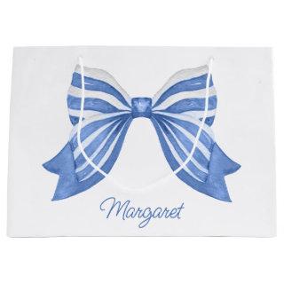 Watercolor Blue Striped Bow Large Gift Bag