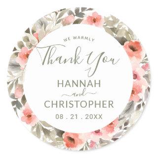 Watercolor Blush Rose Wreath Thank You Sticker