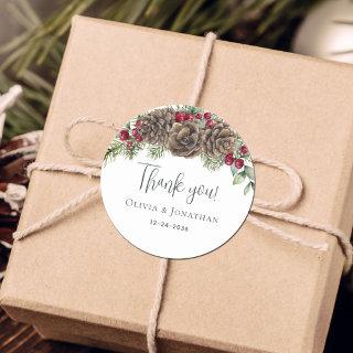 Watercolor Botanical Christmas Wedding Thank You Classic Round Sticker