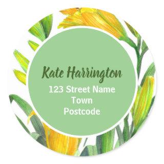 Watercolor Bright Yellow Day Lilies Circle Address Classic Round Sticker