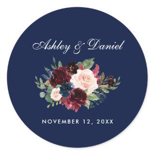 Watercolor Burgundy Blue Floral Wedding Classic Round Sticker