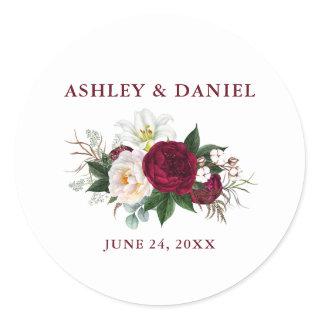 Watercolor Burgundy Floral Greenery Wedding Classic Round Sticker