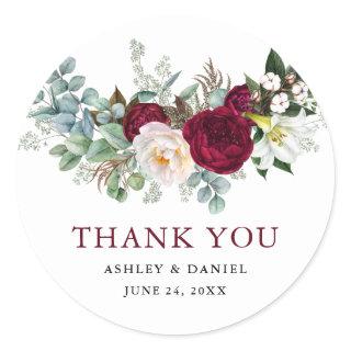 Watercolor Burgundy Floral Greenery Wedding Classic Round Sticker