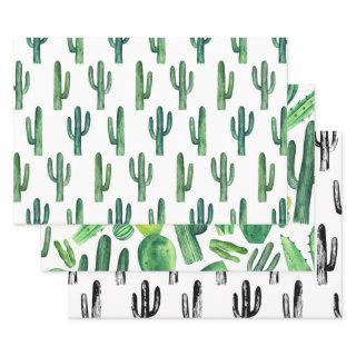 Watercolor cactus pattern. Green modern cacti  Sheets