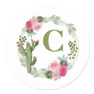Watercolor Cactus Pink Floral Wreath Personalized  Classic Round Sticker