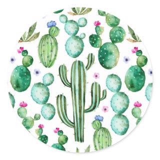 Watercolor Cactus Plants Pattern Classic Round Sticker